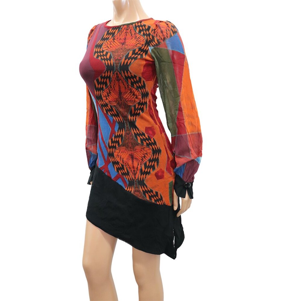 RARE Save The Queen Multicolor Vibrant Abstract Mesh Long Sleeve Dress M/L